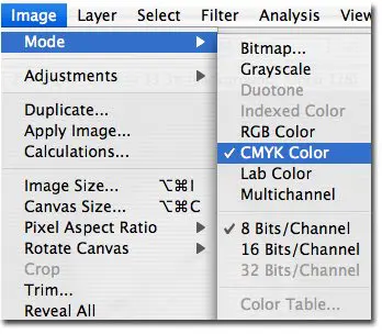 Instructions on to how change your color mode to CMYK within Photoshop