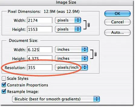 Selecting the recommended resolution of 355 pixels per inch