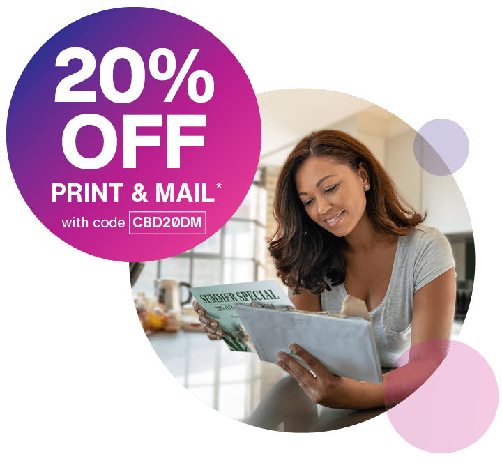 Woman reading mail + 20% off CBD direct mail offer