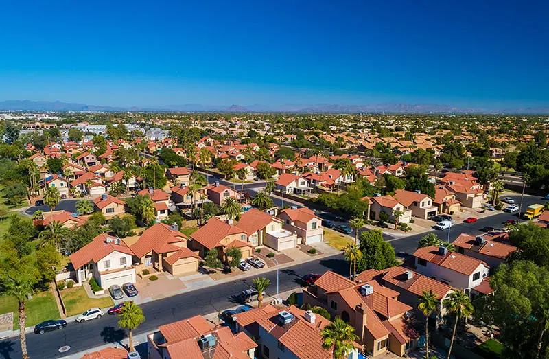 Aerial view of a residential area with houses in the Phoenix suburb of Chandler.