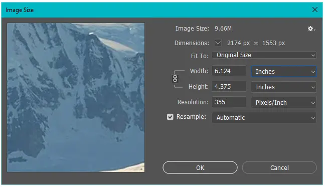 Photoshop image size window showing a high resolution print graphic