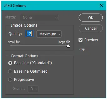 Photoshop JPEG file save options showing recommended settings for printing with Modern Postcard