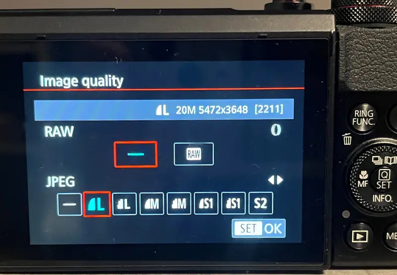 Digital Camera image quality settings showing a 20 megapixel option selected