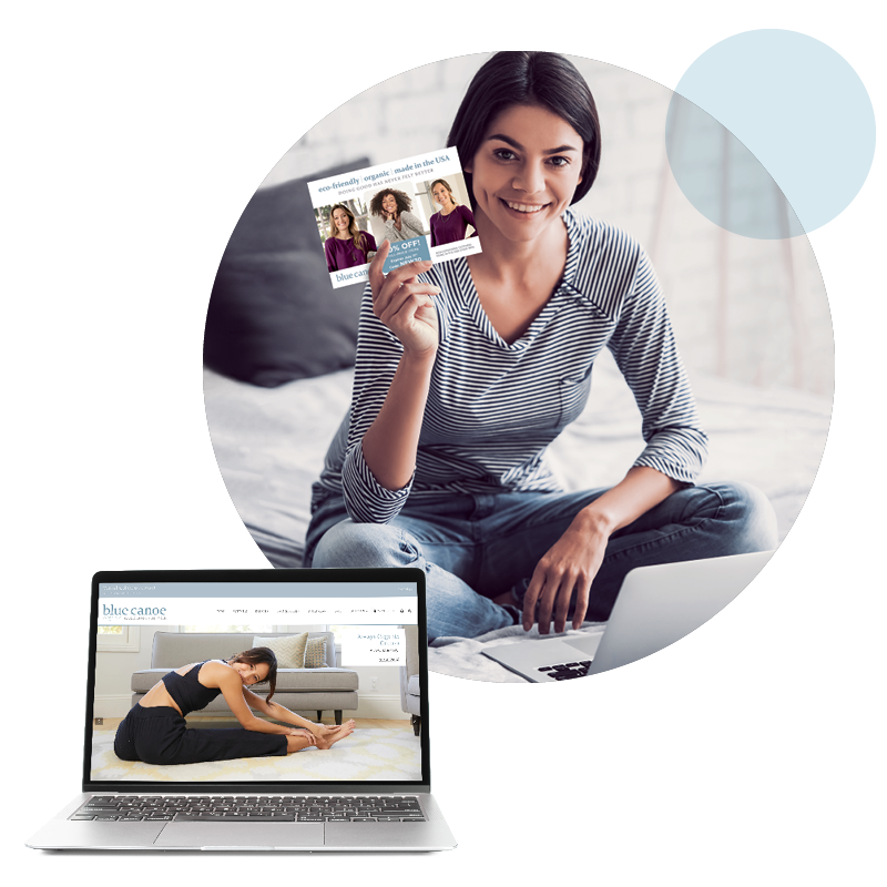 Automated Direct Mail - Woman sitting down in a bubble graphic and holding up postcard Direct Mail.