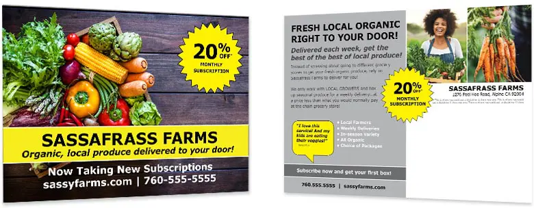 The front and back sides of a Direct Mail Postcard - showing an example food service company with a compelling call to action.