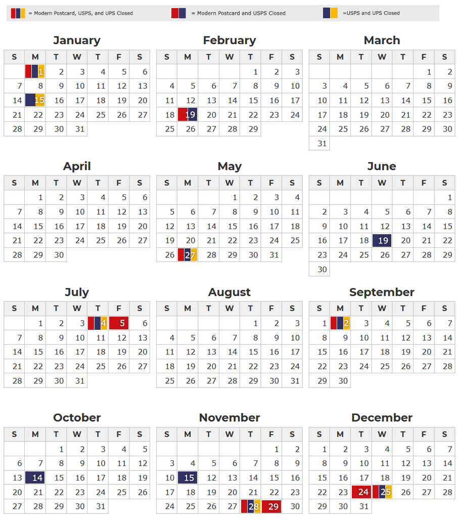 Holiday schedule, Turnaround times during holidays Modern Postcard