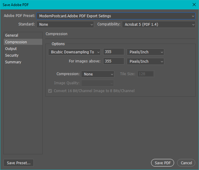 Photoshop Save as PDF Compression Settings Window