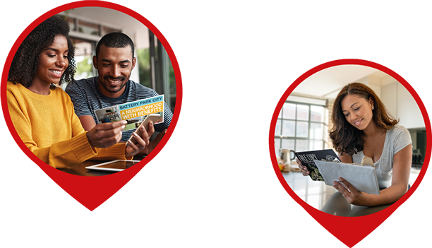 Two circular GPS icons on a red background. In one, a smiling couple reads a postcard together, and in the other, a woman in a modern home setting looks at printed material, both scenes emphasizing positive interaction with direct mail.