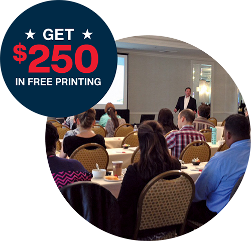 Label - Get $250 in Printing for Attending - Bubble graphic with people at seminar