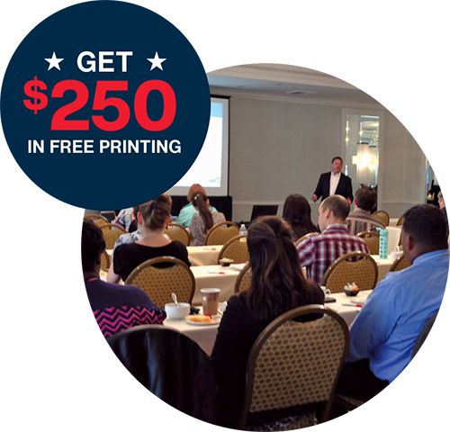 Label - Get $250 in Printing for Attending - Bubble graphic with people at seminar