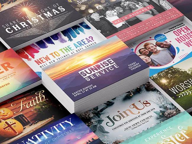 A stack of church direct mail postcards