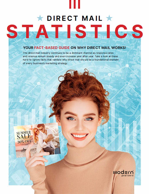 Direct mail statistics cover with a woman holding a postcard
