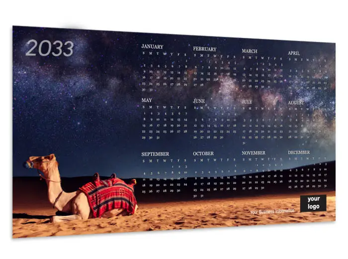 One Year Calendar Card - Product example showing a camel in the desert with the sky, stars and milky way galaxy - with a calendar overlay above