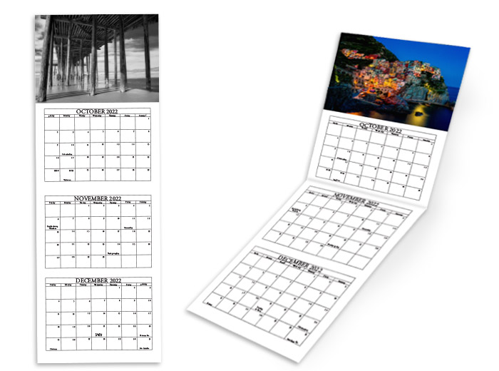Folded Panoramic Deluxe Quarterly Calendar Printing - showing two example calendars 